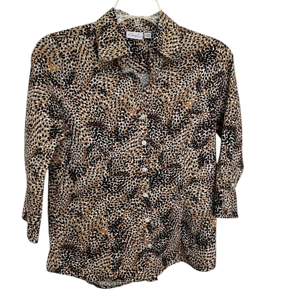 Kim Rogers Womens Cotton/Spandex Button-Up Blouse Size M Mobwife Animal Print